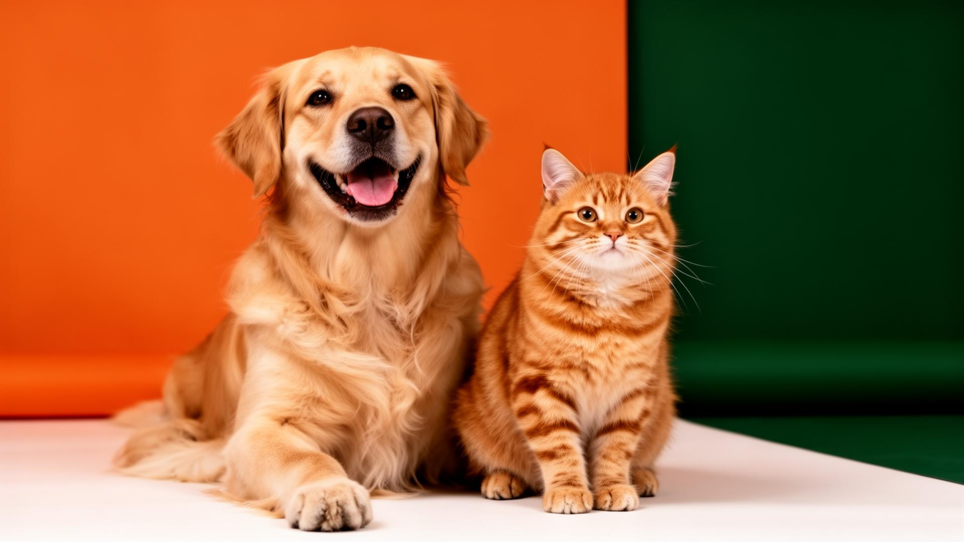 Cachorro golden retriever e gato laranja felizes